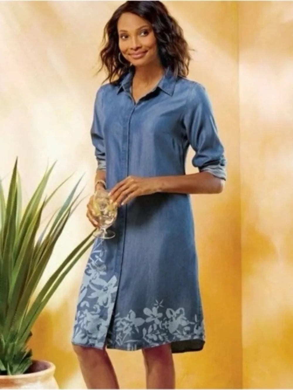 Soft Surroundings Women’s Blue Chambray Floral Long Sleeve Dress